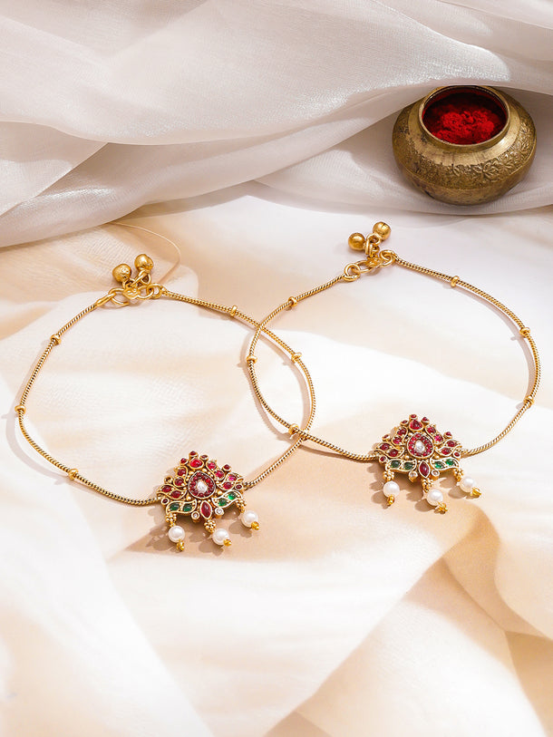 Rubans Women Set of 2 Gold-Plated Kundan Anklet