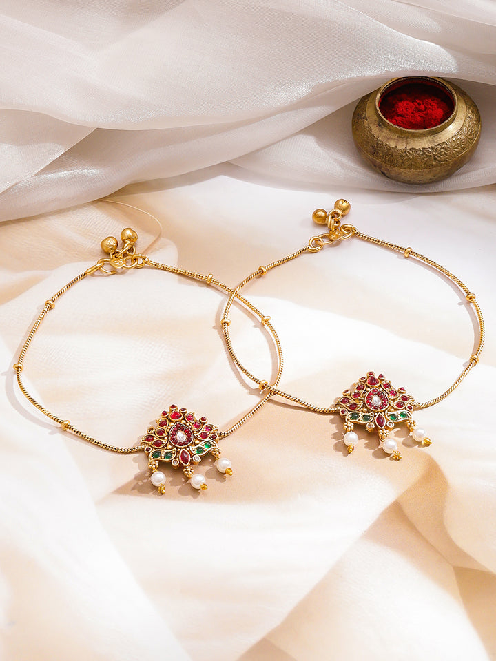 Rubans Women Set of 2 Gold-Plated Kundan Anklet