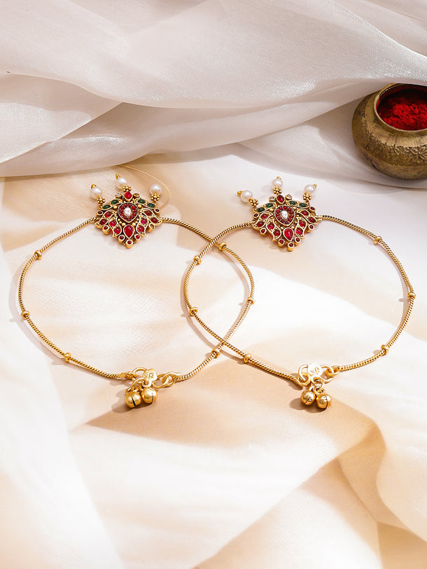 Rubans Women Set of 2 Gold-Plated Kundan Anklet