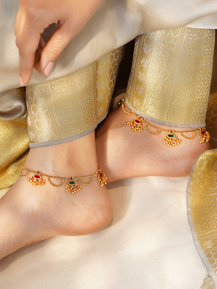 Rubans Set of 2 18K Gold-Plated Brass Anklets with Ruby Red & Emerald Green Enamel Charms