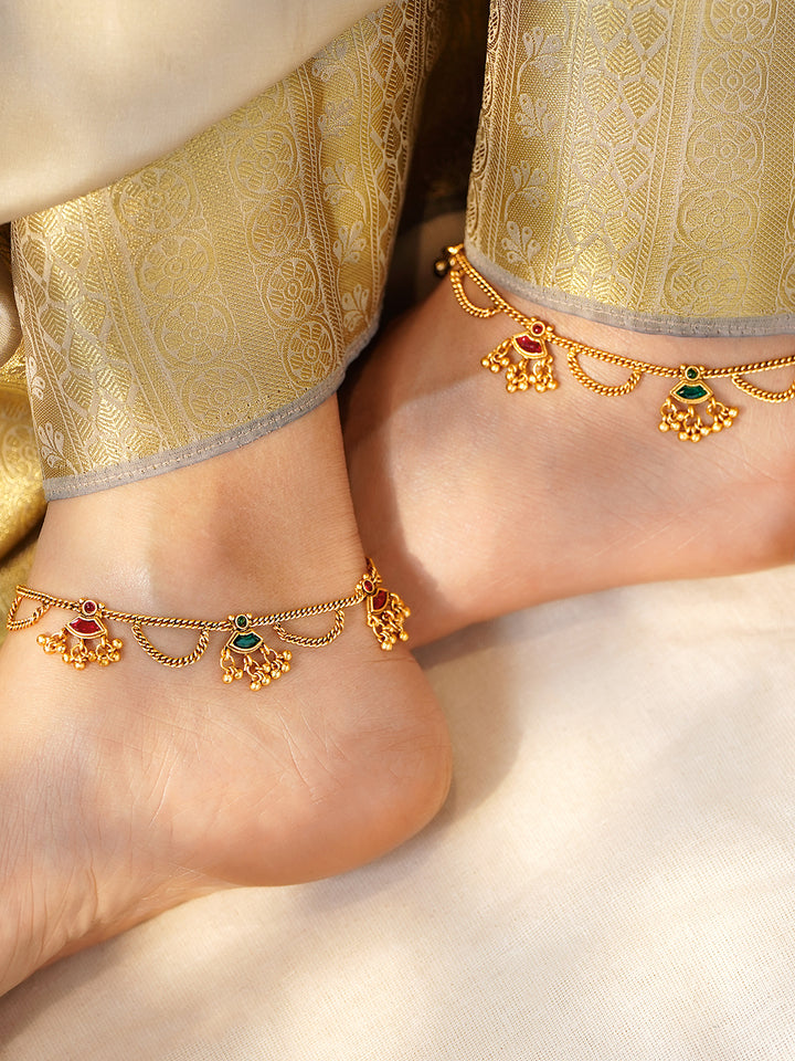 Rubans Set of 2 18K Gold-Plated Brass Anklets with Ruby Red & Emerald Green Enamel Charms