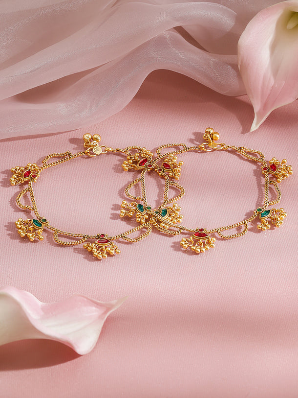 Rubans Set of 2 18K Gold-Plated Brass Anklets with Ruby Red & Emerald Green Enamel Charms