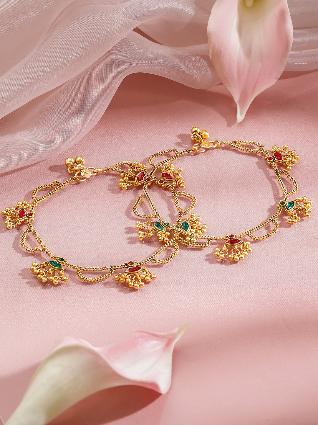 Rubans Set of 2 18K Gold-Plated Brass Anklets with Ruby Red & Emerald Green Enamel Charms