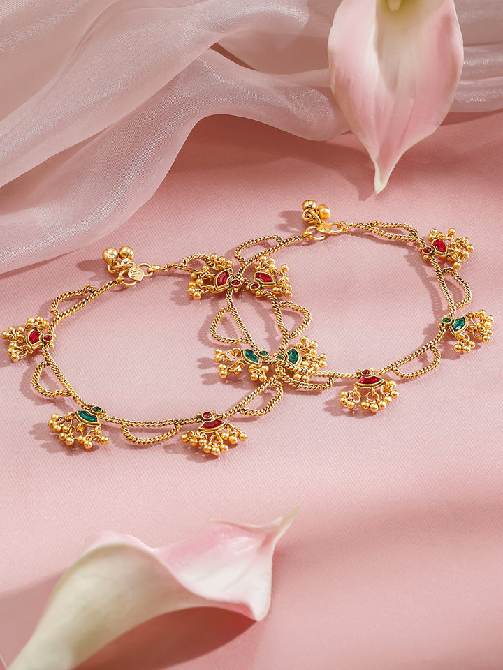 Rubans Set of 2 18K Gold-Plated Brass Anklets with Ruby Red & Emerald Green Enamel Charms