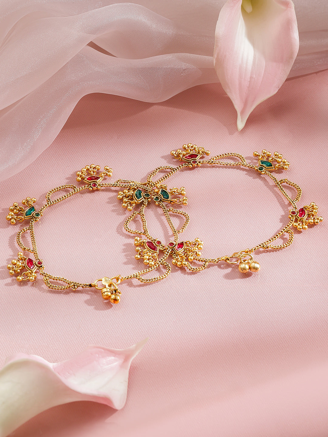 Rubans Set of 2 18K Gold-Plated Brass Anklets with Ruby Red & Emerald Green Enamel Charms