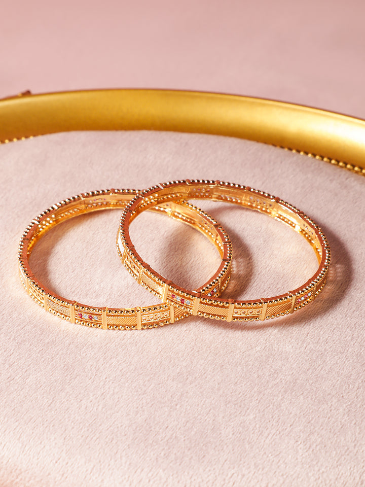 Rubans Set of 2, 18K Gold-Plated Rectangular Motif Bangles with Intricate Detailing