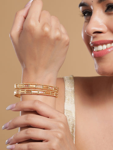 Rubans Set of 2, 18K Gold-Plated Rectangular Motif Bangles with Intricate Detailing