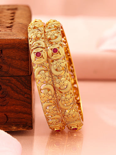 Rubans Set of 2 22K Gold-Plated Ruby Pink Stone & Floral Design Traditional Bangles