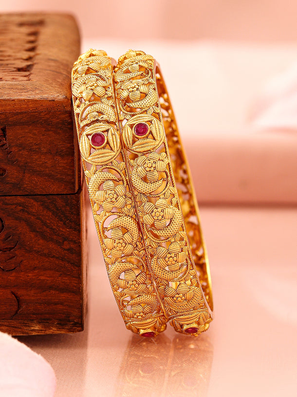 Rubans Set of 2 22K Gold-Plated Ruby Pink Stone & Floral Design Traditional Bangles