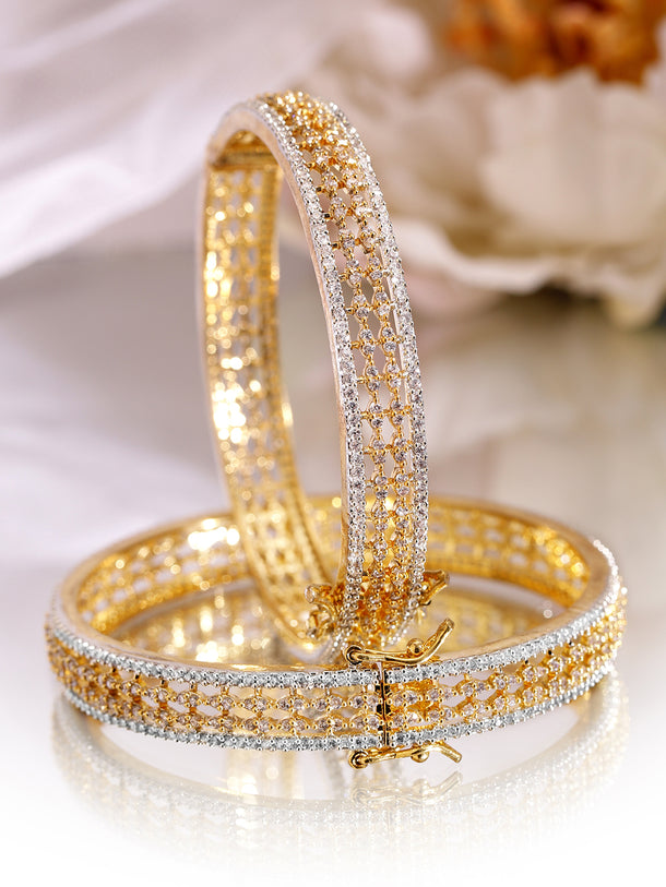 Rubans Set of 2 Rhodium & 18K Gold-Plated Cubic Zirconia Studded Designer Bangles