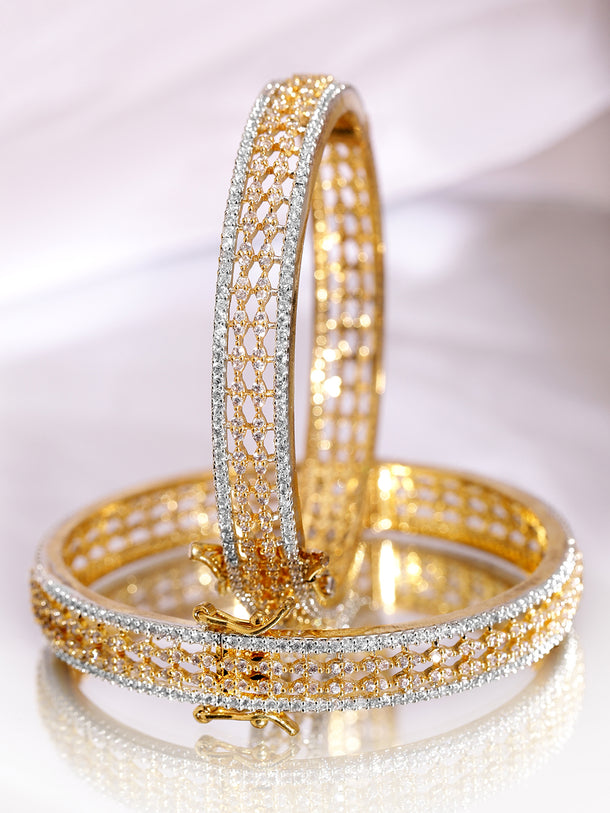 Rubans Set of 2 Rhodium & 18K Gold-Plated Cubic Zirconia Studded Designer Bangles