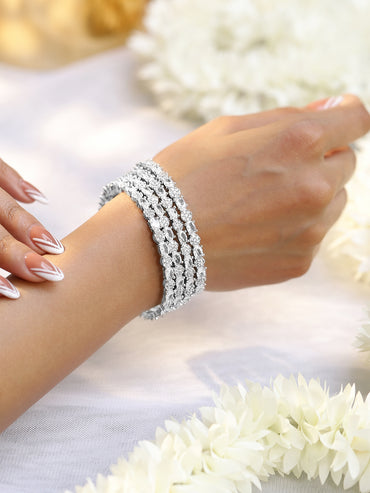 Rubans Set of 4 Rhodium-Plated Silver-Tone Cubic Zirconia Studded Premium Bangles