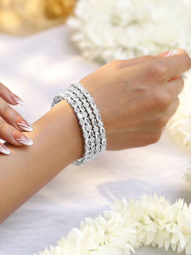 Rubans Set of 4 Rhodium-Plated Silver-Tone Cubic Zirconia Studded Premium Bangles