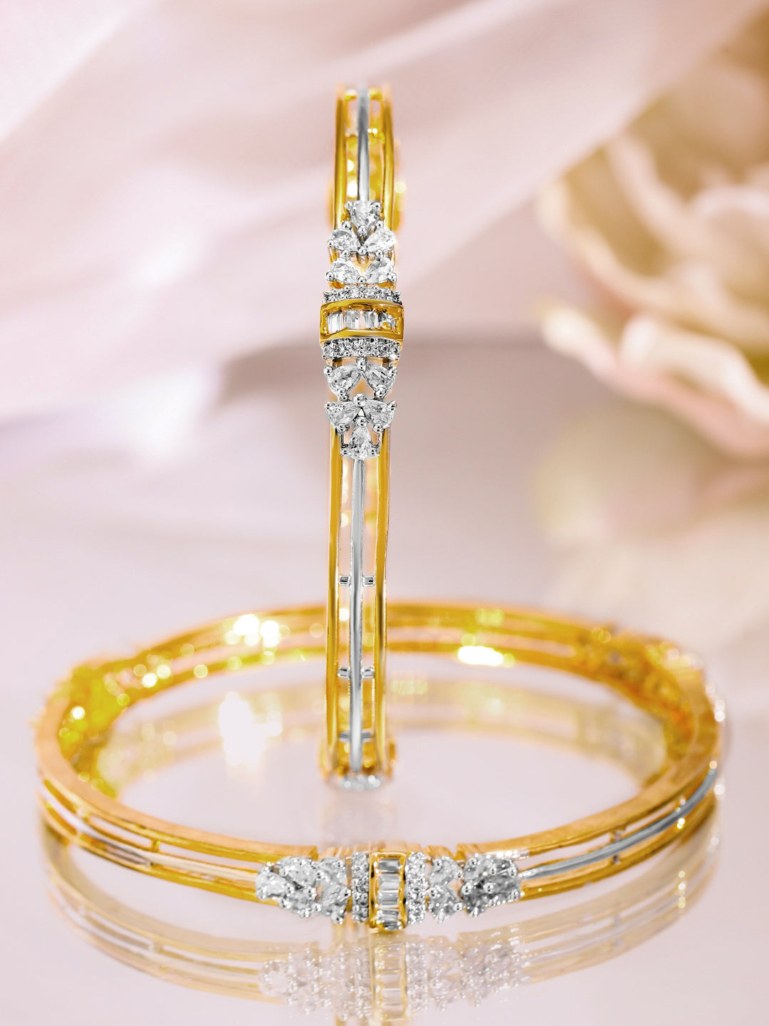 Rubans Set of 2, 22K Gold-Plated & Rhodium Accent Cubic Zirconia Studded Bangles