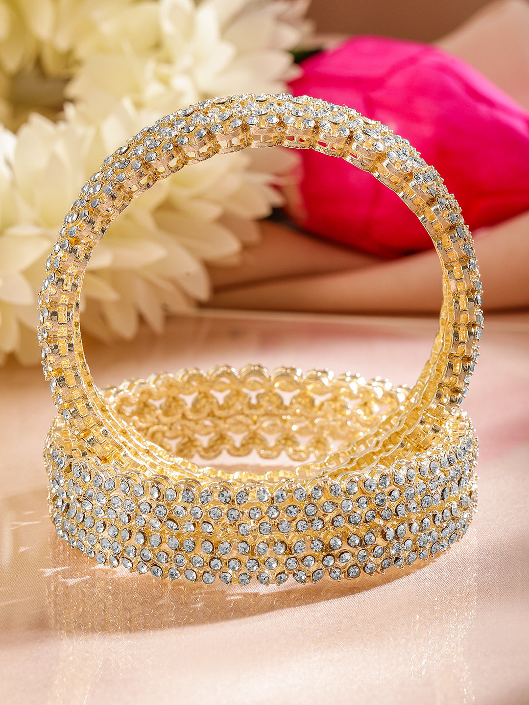 Rubans Set of 4 18K Gold-Plated Dazzling AD Studded Handcrafted Premium Bangles for Women