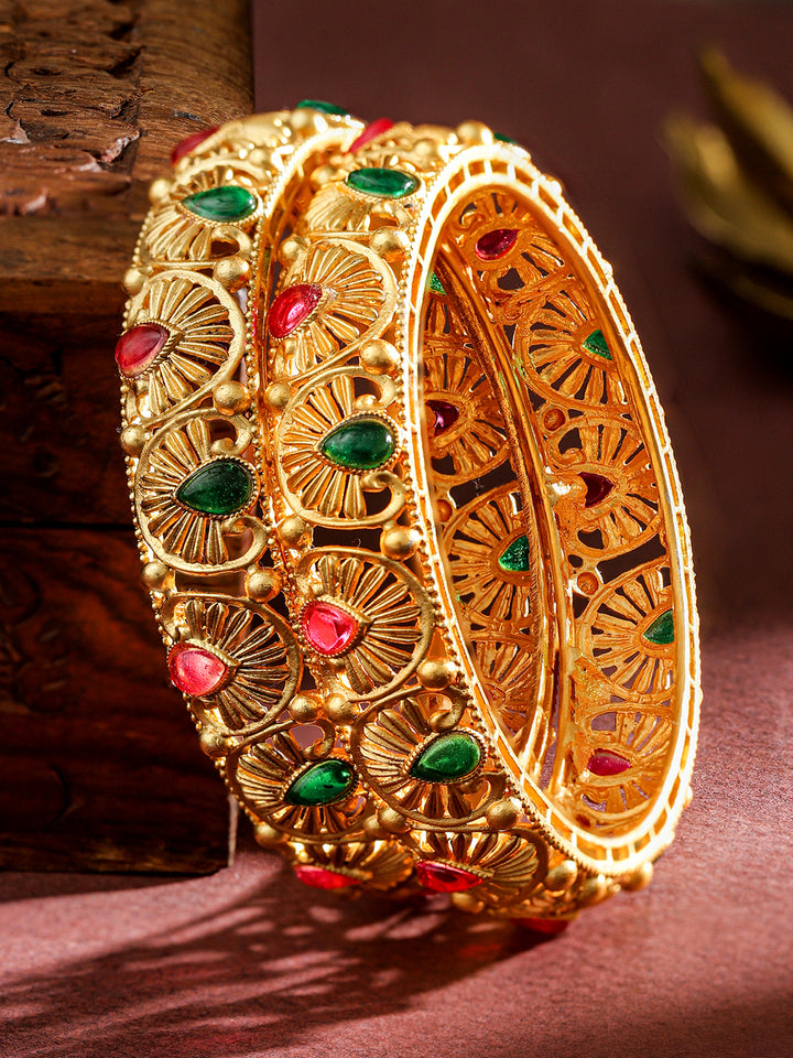 Rubans Set of 2, 24K Gold-Plated Handcrafted Bangles with Ruby Red & Emerald Green Stones