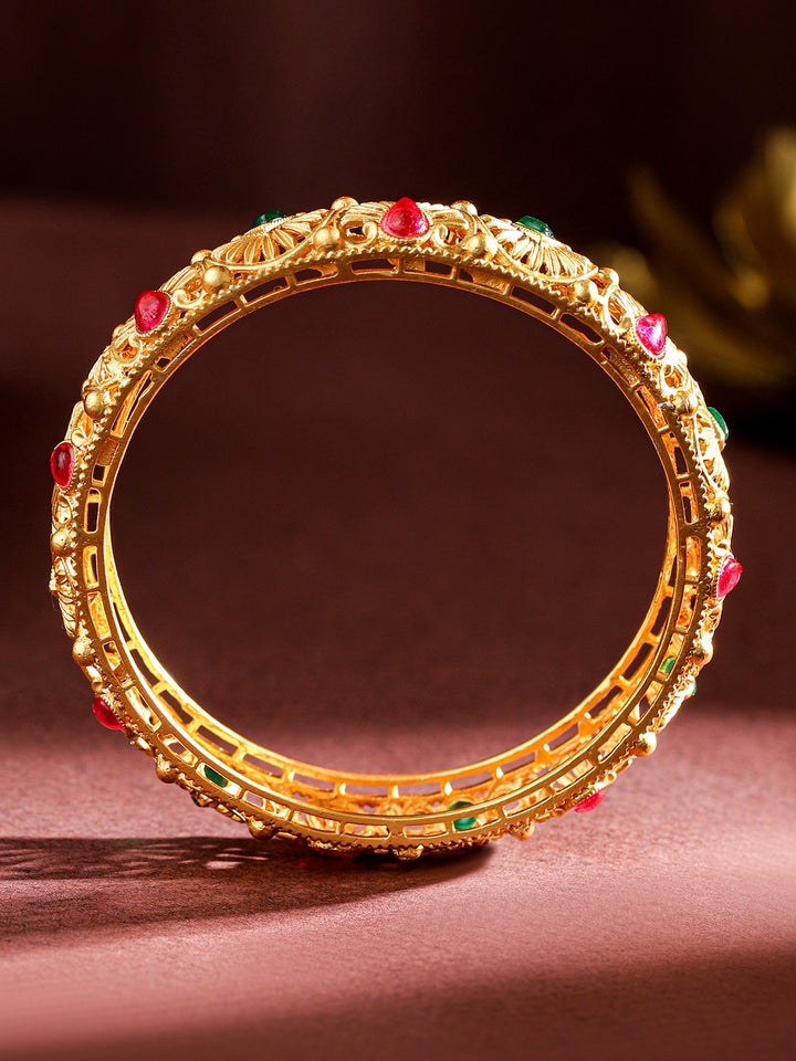 Rubans Set of 2, 24K Gold-Plated Handcrafted Bangles with Ruby Red & Emerald Green Stones