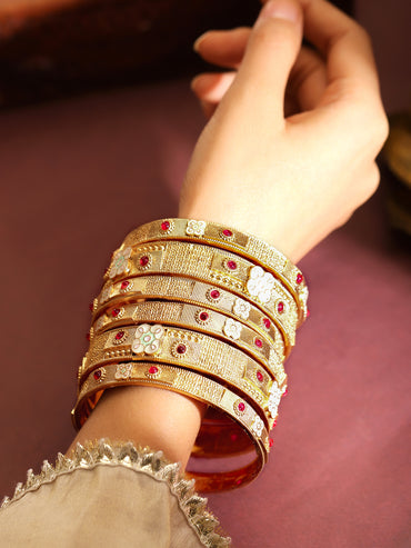 Gold Toned Pink Studded Bangles Set Of 6