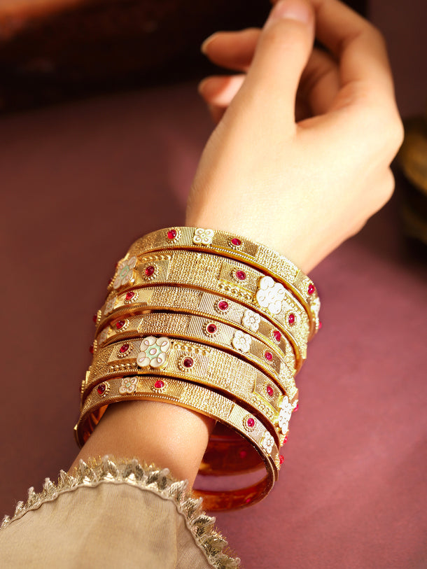 Gold Toned Pink Studded Bangles Set Of 6