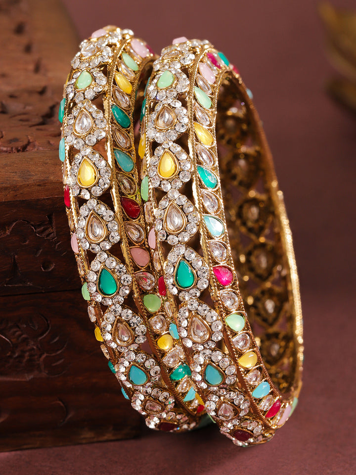 Rubans Set of 2 18K Mehandi Gold-Plated Multicolor Kundan & Zirconia Studded Designer Bangles
