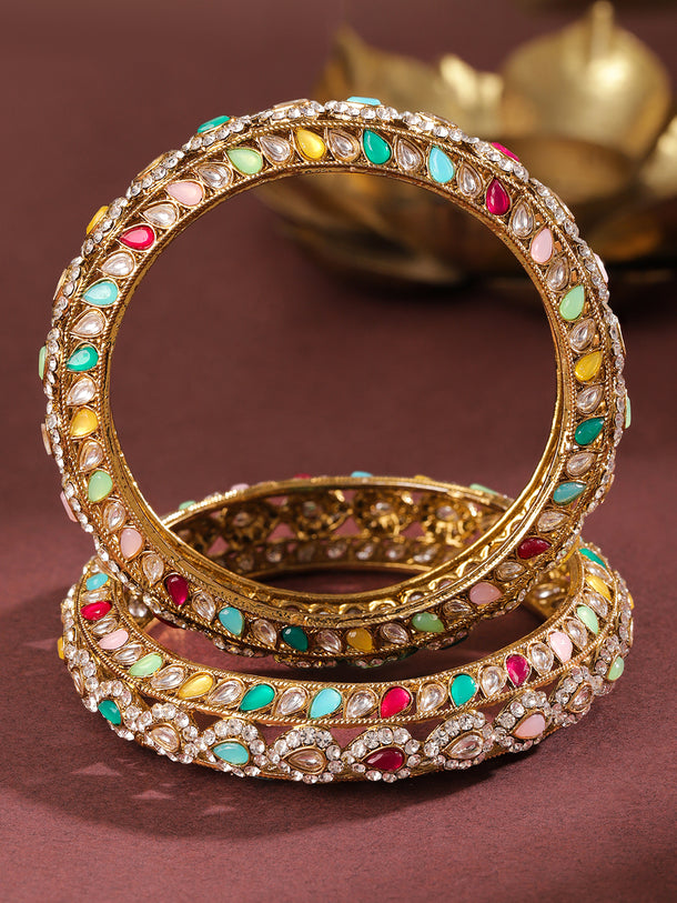 Rubans Set of 2 18K Mehandi Gold-Plated Multicolor Kundan & Zirconia Studded Designer Bangles