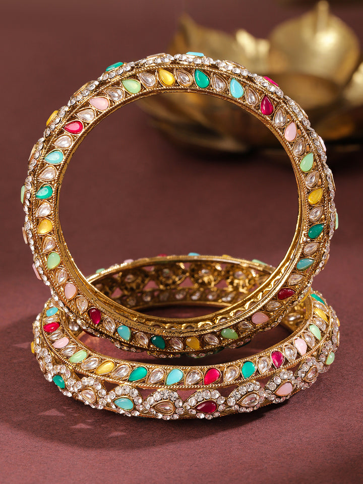 Rubans Set of 2 18K Mehandi Gold-Plated Multicolor Kundan & Zirconia Studded Designer Bangles