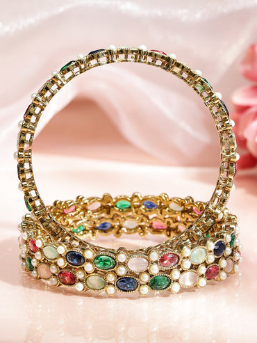 Rubans Set of 4 18K Gold-Plated Multicolor Zirconia & Pearl Beaded Designer Bangles