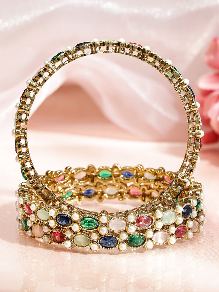 Rubans Set of 4 18K Gold-Plated Multicolor Zirconia & Pearl Beaded Designer Bangles
