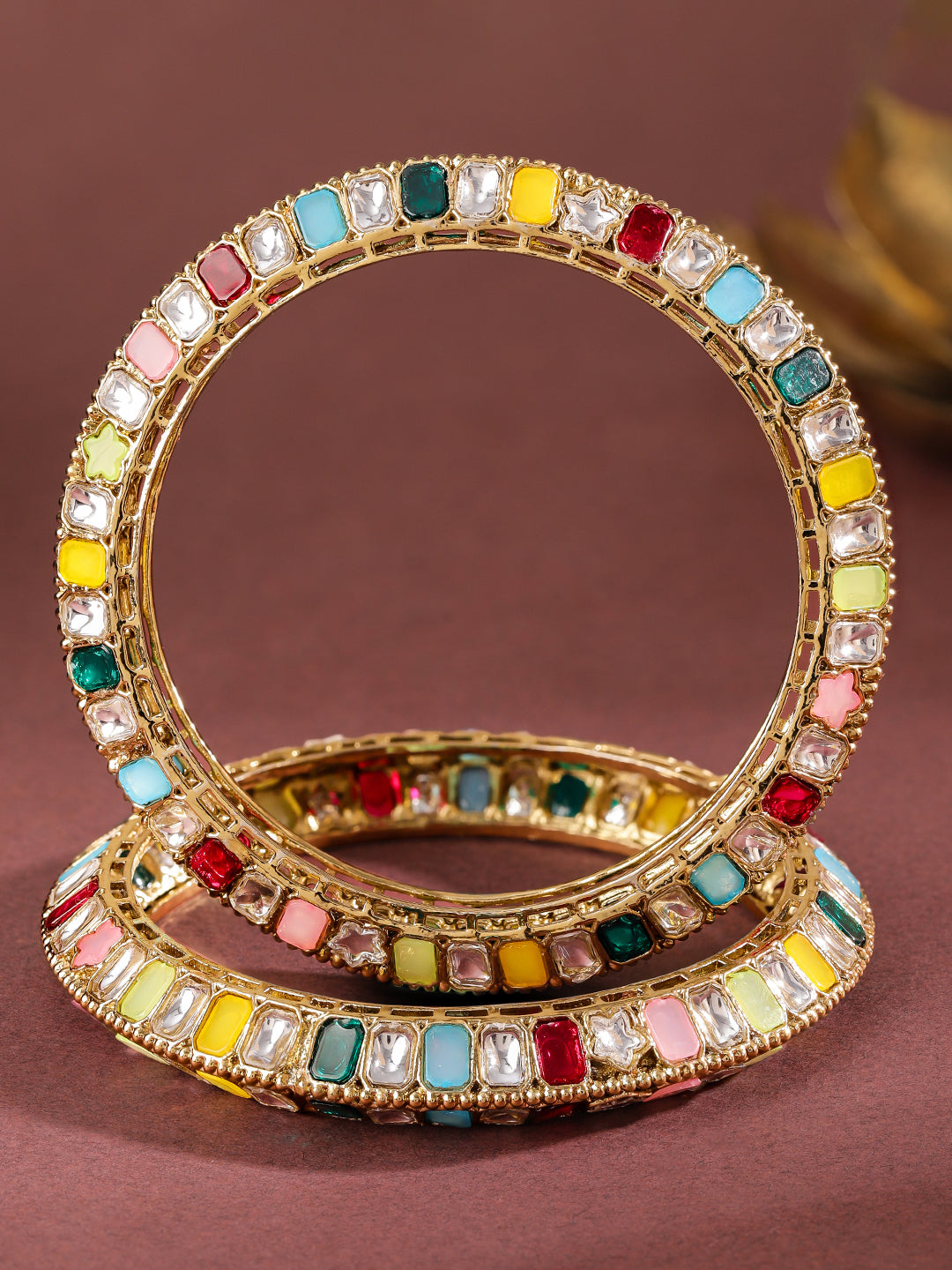 Rubans Set of 2 18K Gold-Plated Multi-Coloured Zirconia Stone Studded Traditional Bangles