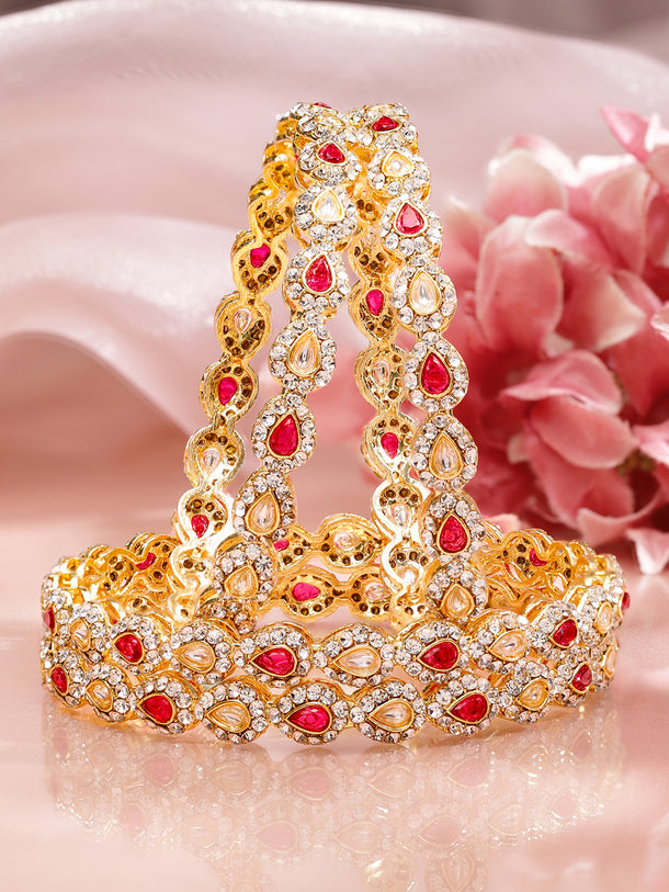 Rubans Set of 4 18K Mehandi Gold-Plated Ruby Pink & White Kundan Studded Designer Bangles