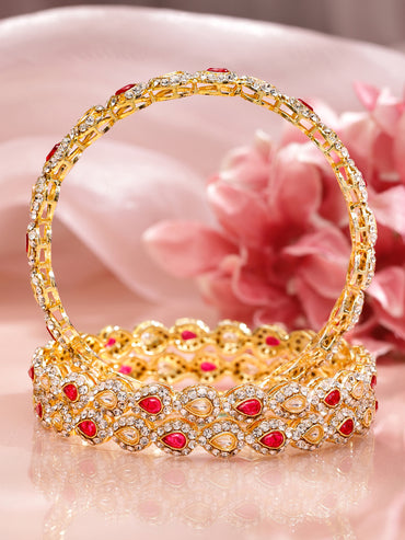 Rubans Set of 4 18K Mehandi Gold-Plated Ruby Pink & White Kundan Studded Designer Bangles