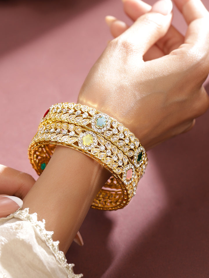 Rubans Set of 2 18K Gold-Plated Kundan & Multi-Colour Cubic Zirconia Stone Floral Bangles