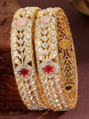 Rubans Set of 2 18K Gold-Plated Kundan & Multi-Colour Cubic Zirconia Stone Floral Bangles