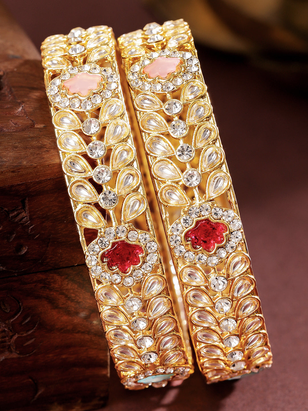 Rubans Set of 2 18K Gold-Plated Kundan & Multi-Colour Cubic Zirconia Stone Floral Bangles