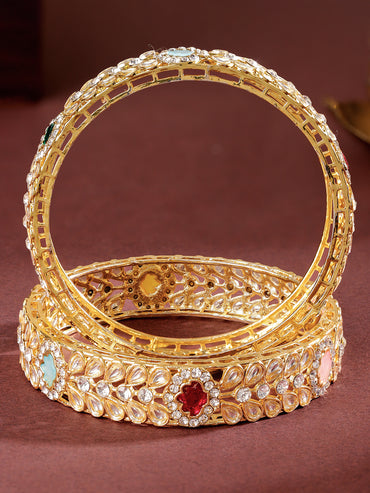 Rubans Set of 2 18K Gold-Plated Kundan & Multi-Colour Cubic Zirconia Stone Floral Bangles