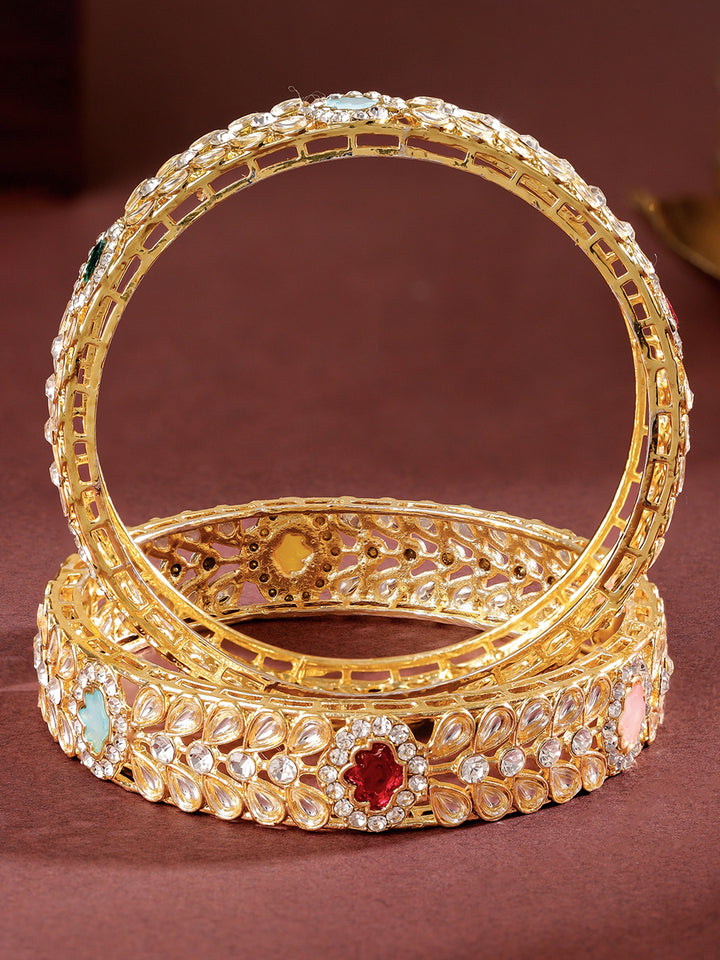 Rubans Set of 2 18K Gold-Plated Kundan & Multi-Colour Cubic Zirconia Stone Floral Bangles