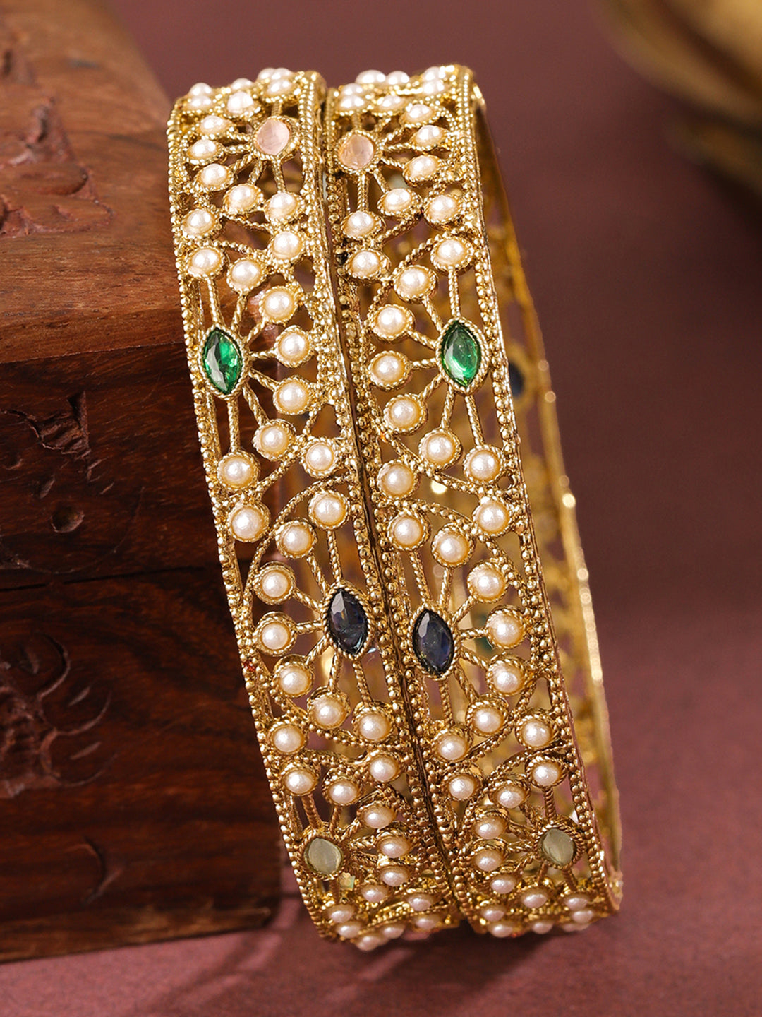 Rubans Set of 2 18K Gold-Plated Mini Pearl Studded & Multi-Coloured Stone Designer Bangles