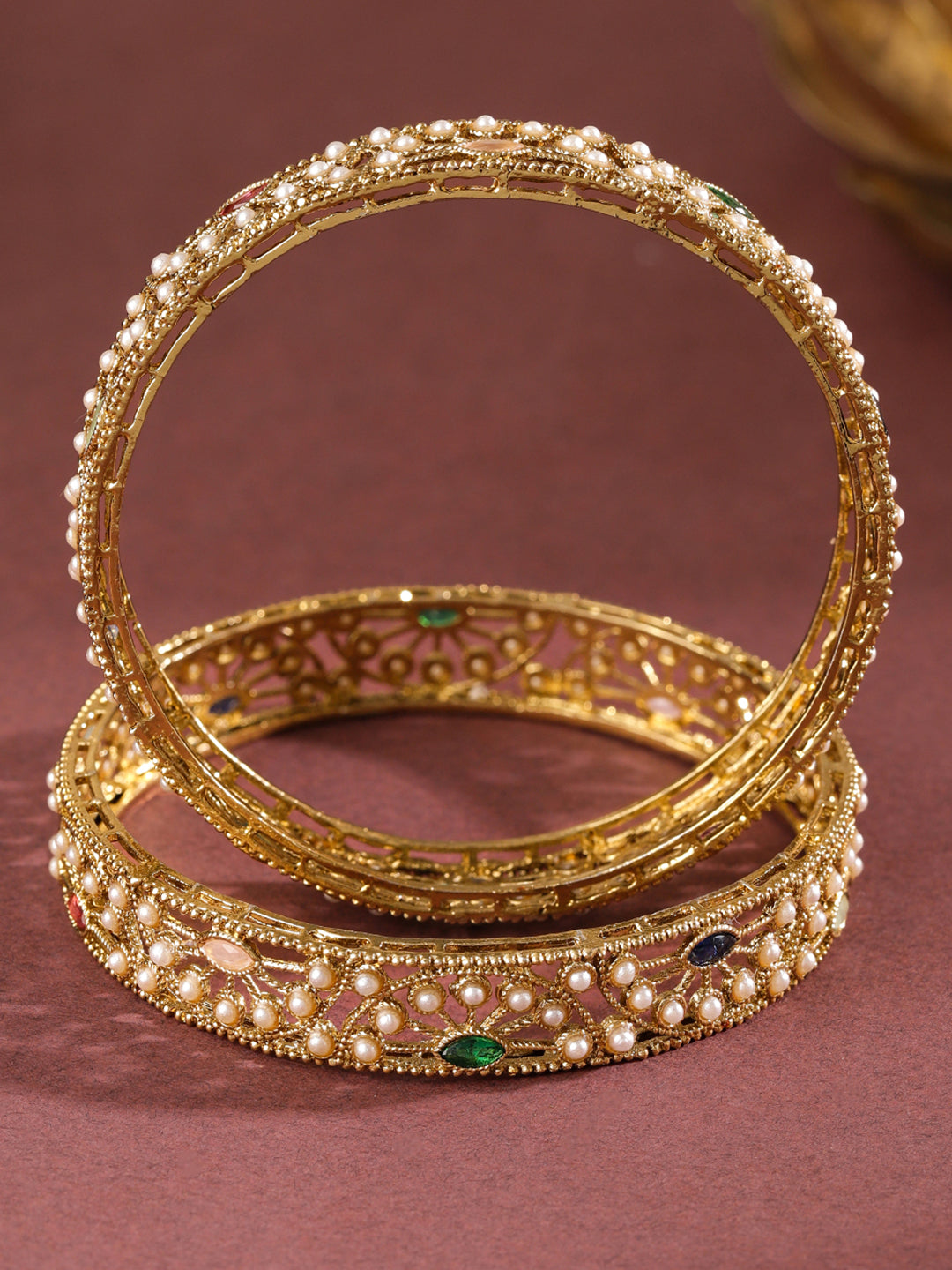 Rubans Set of 2 18K Gold-Plated Mini Pearl Studded & Multi-Coloured Stone Designer Bangles