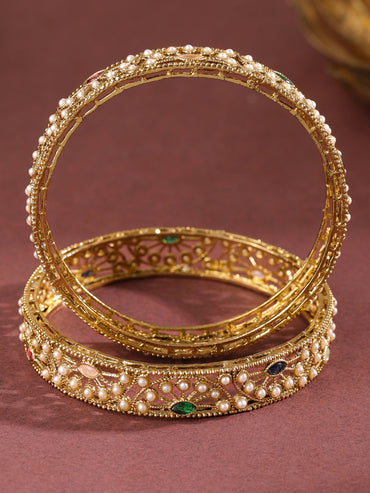 Rubans Set of 2 18K Gold-Plated Mini Pearl Studded & Multi-Coloured Stone Designer Bangles