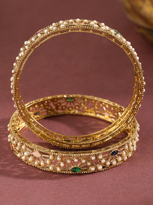 Rubans Set of 2 18K Gold-Plated Mini Pearl Studded & Multi-Coloured Stone Designer Bangles