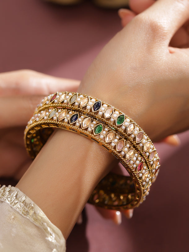 Rubans Set of 2 18K Gold-Plated Mini Pearl Studded & Multi-Colour Stone Patterned Bangles