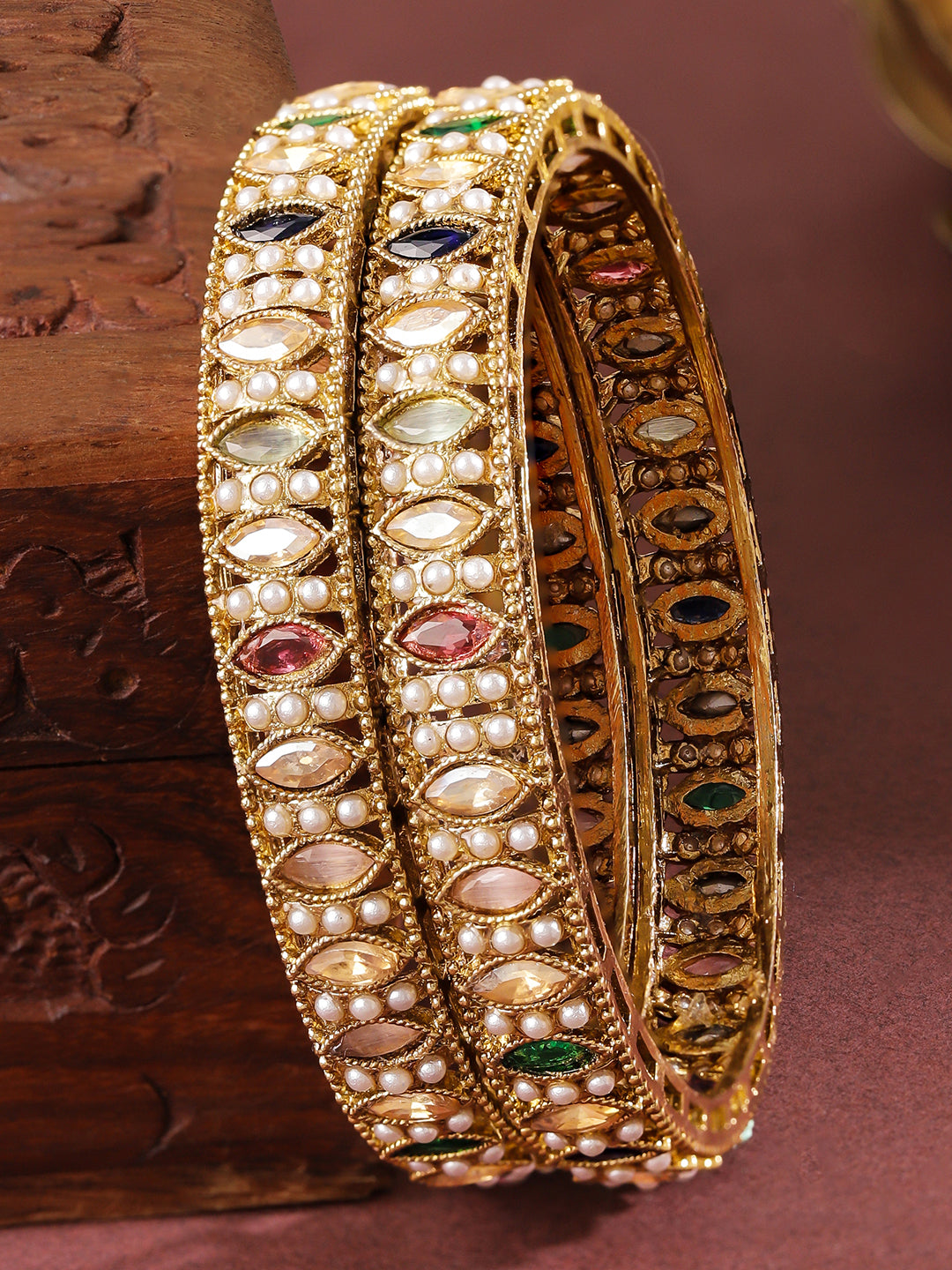 Rubans Set of 2 18K Gold-Plated Mini Pearl Studded & Multi-Colour Stone Patterned Bangles