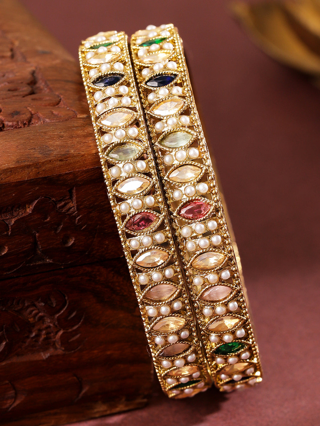 Rubans Set of 2 18K Gold-Plated Mini Pearl Studded & Multi-Colour Stone Patterned Bangles