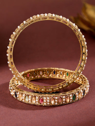 Rubans Set of 2 18K Gold-Plated Mini Pearl Studded & Multi-Colour Stone Patterned Bangles