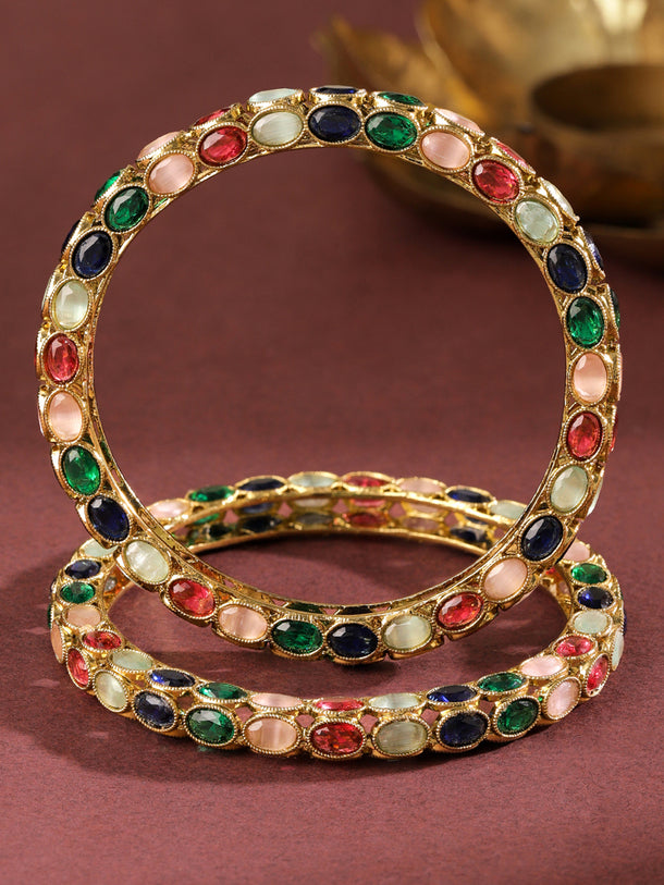 Rubans Set of 2 18K Gold-Plated Multi-Coloured Oval Stone Studded Designer Bangles