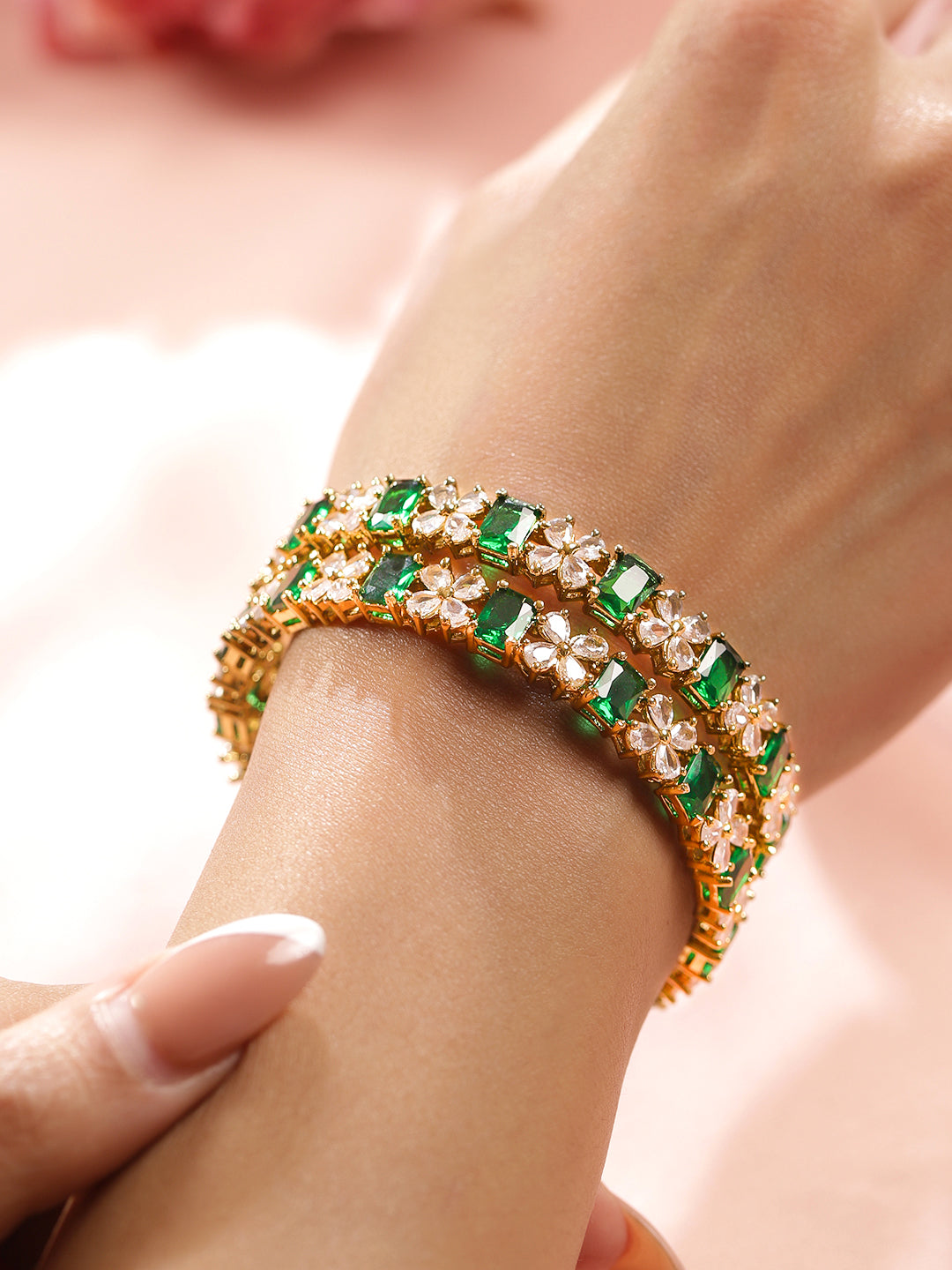 Rubans Set of 2 18K Gold-Plated Emerald Green & White Zirconia Floral Studded Bangles