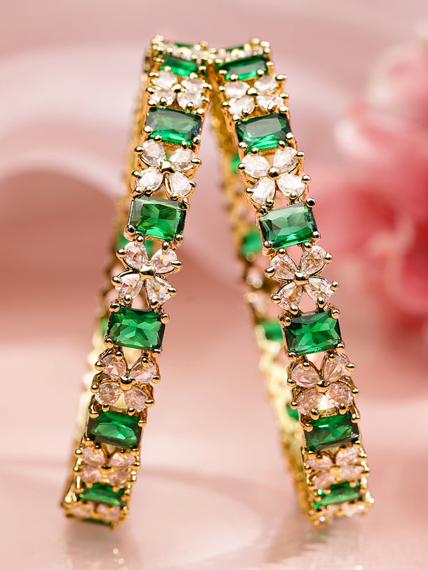 Rubans Set of 2 18K Gold-Plated Emerald Green & White Zirconia Floral Studded Bangles