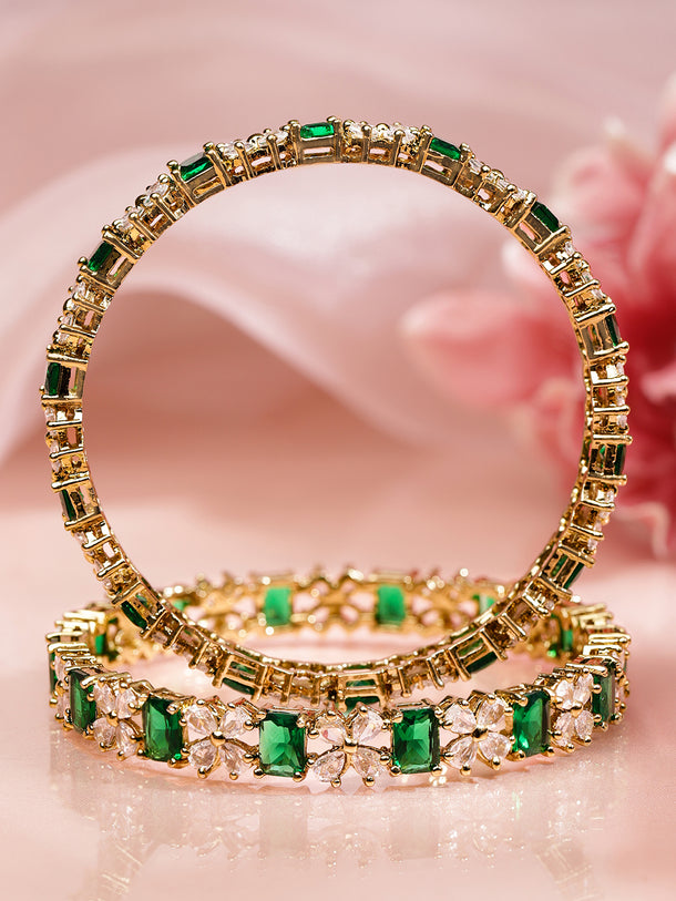 Rubans Set of 2 18K Gold-Plated Emerald Green & White Zirconia Floral Studded Bangles