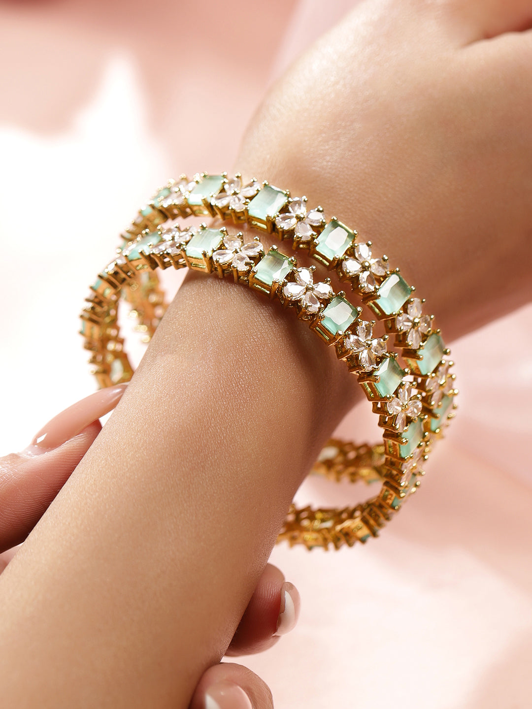 Rubans Set of 2 18K Gold-Plated Pastel Green & White Zirconia Studded Floral Bangles