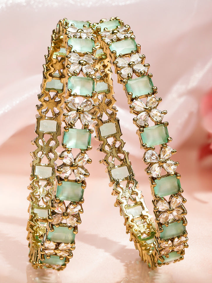 Rubans Set of 2 18K Gold-Plated Pastel Green & White Zirconia Studded Floral Bangles